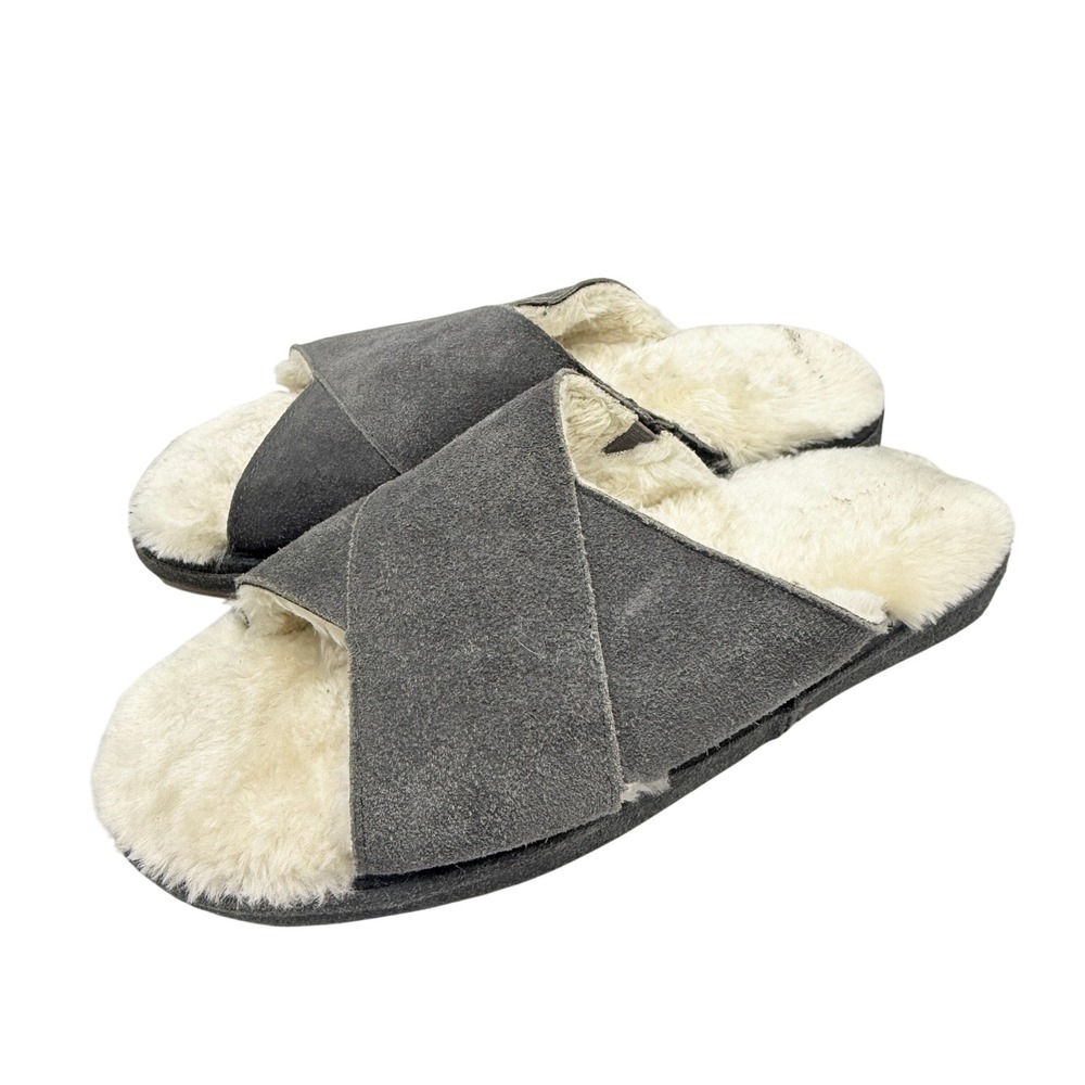 Minnetonka Womens 8M Gray Suede Leather Faux Fur Cross Strap Slippers Slides